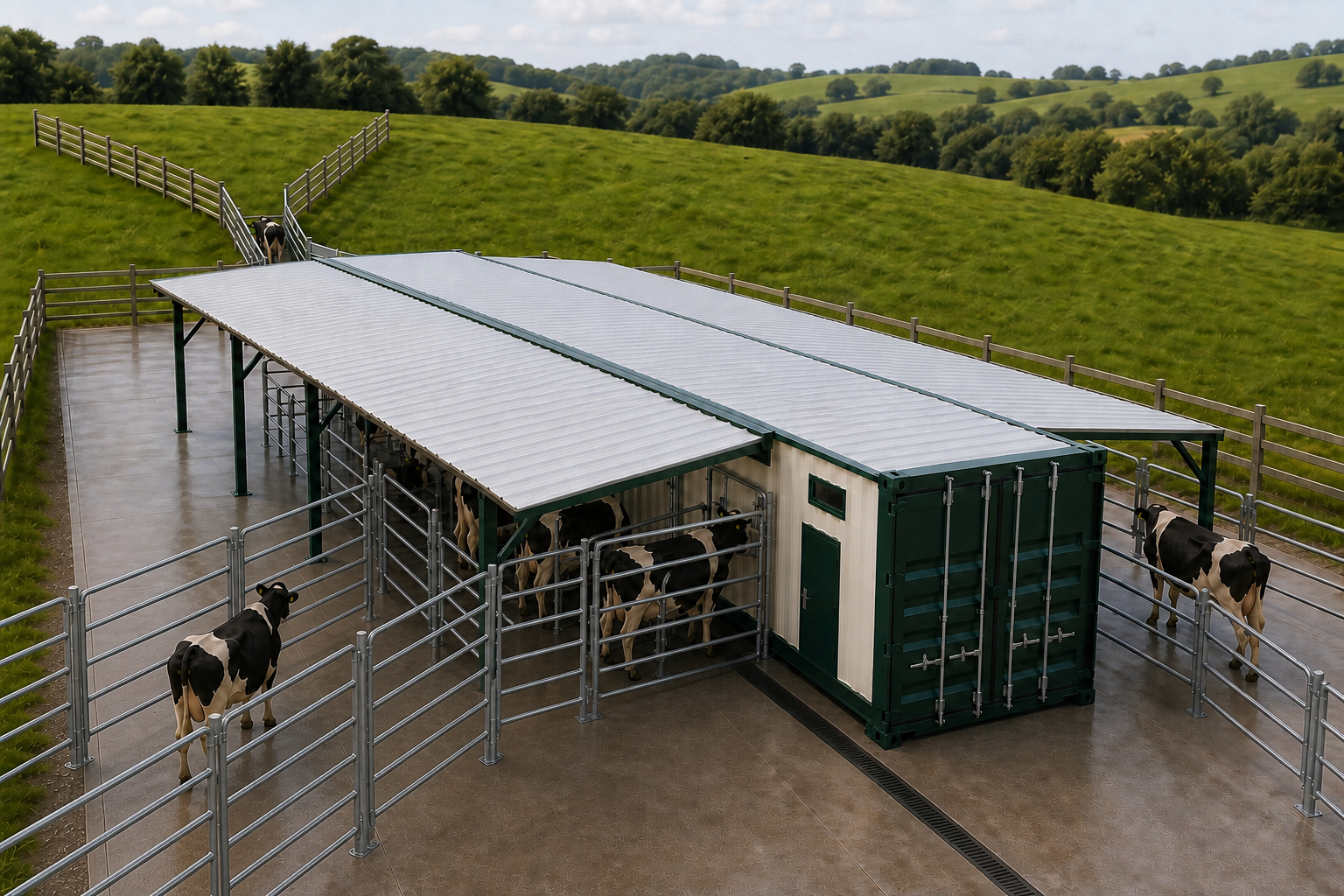 Day One Milk field-intake layout with one standard-height container, two connected roof wings, enclosed milking stalls and separated cattle lanes that keep the personnel door clear