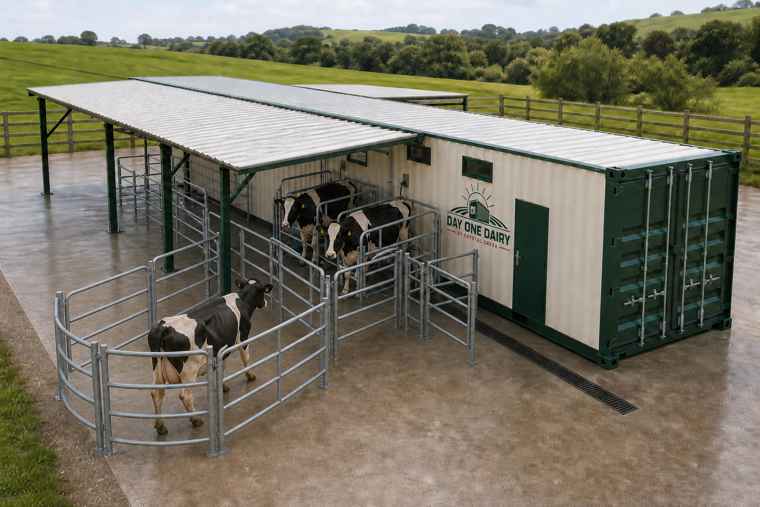 Standard-height Day One Milk module with two raised steel roof wings, enclosed exterior stalls and a continuous gated funnel race