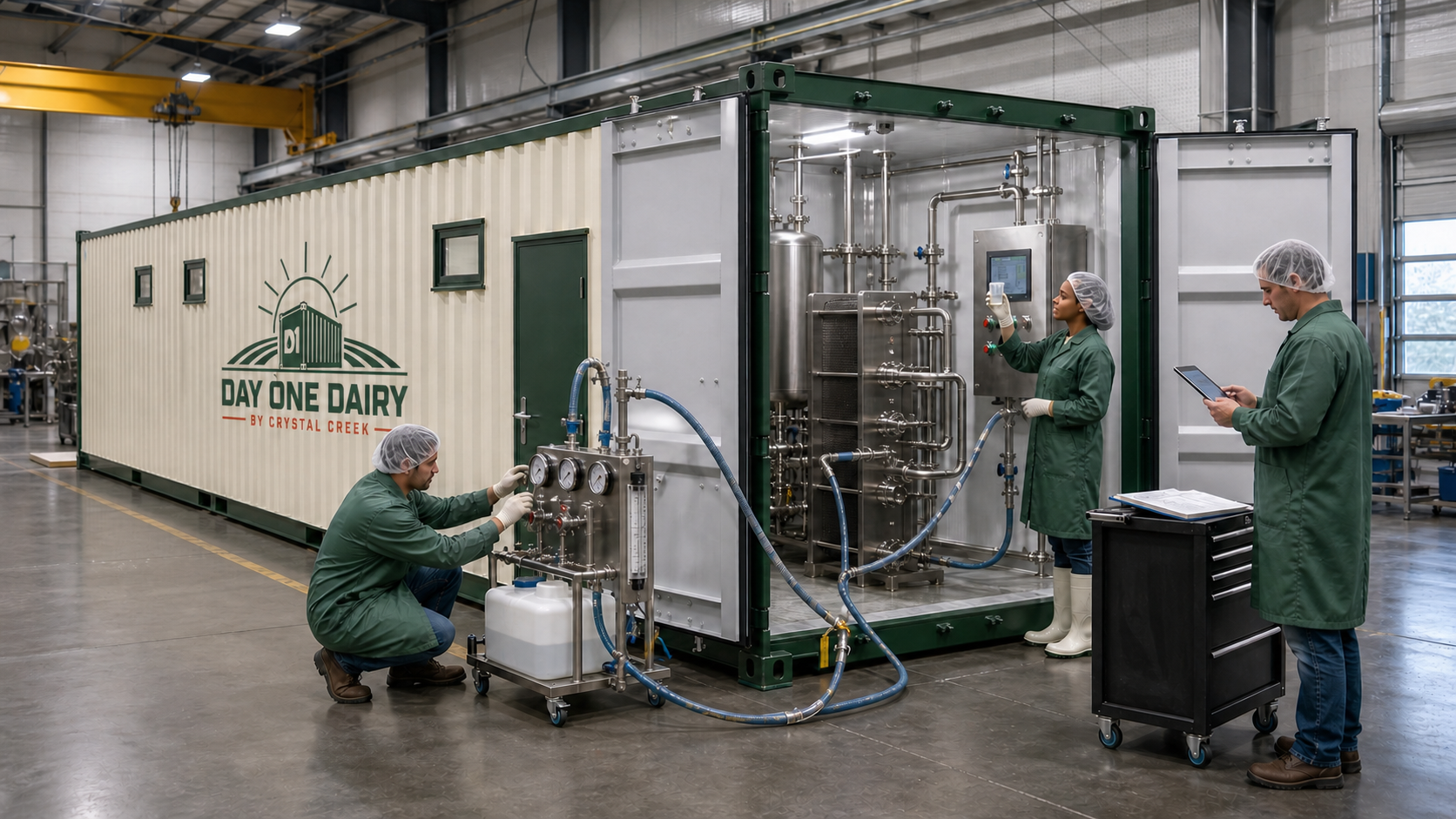 Crystal Creek factory testing a Day One Dairy module before dispatch