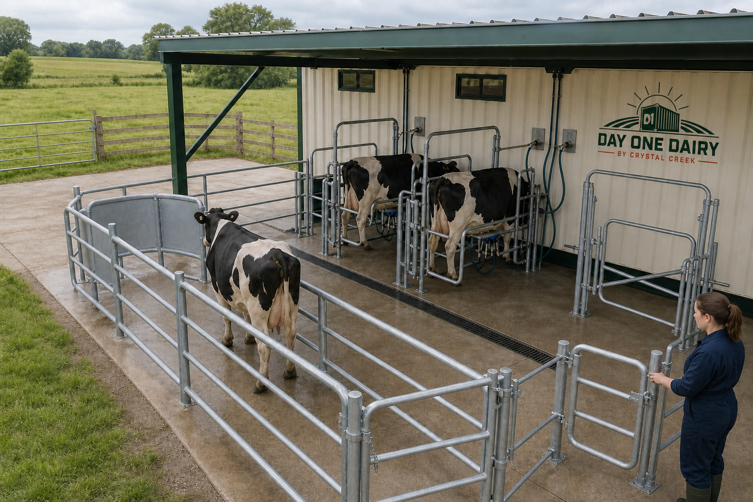 Gated single-file cattle approach beside a Day One Dairy module