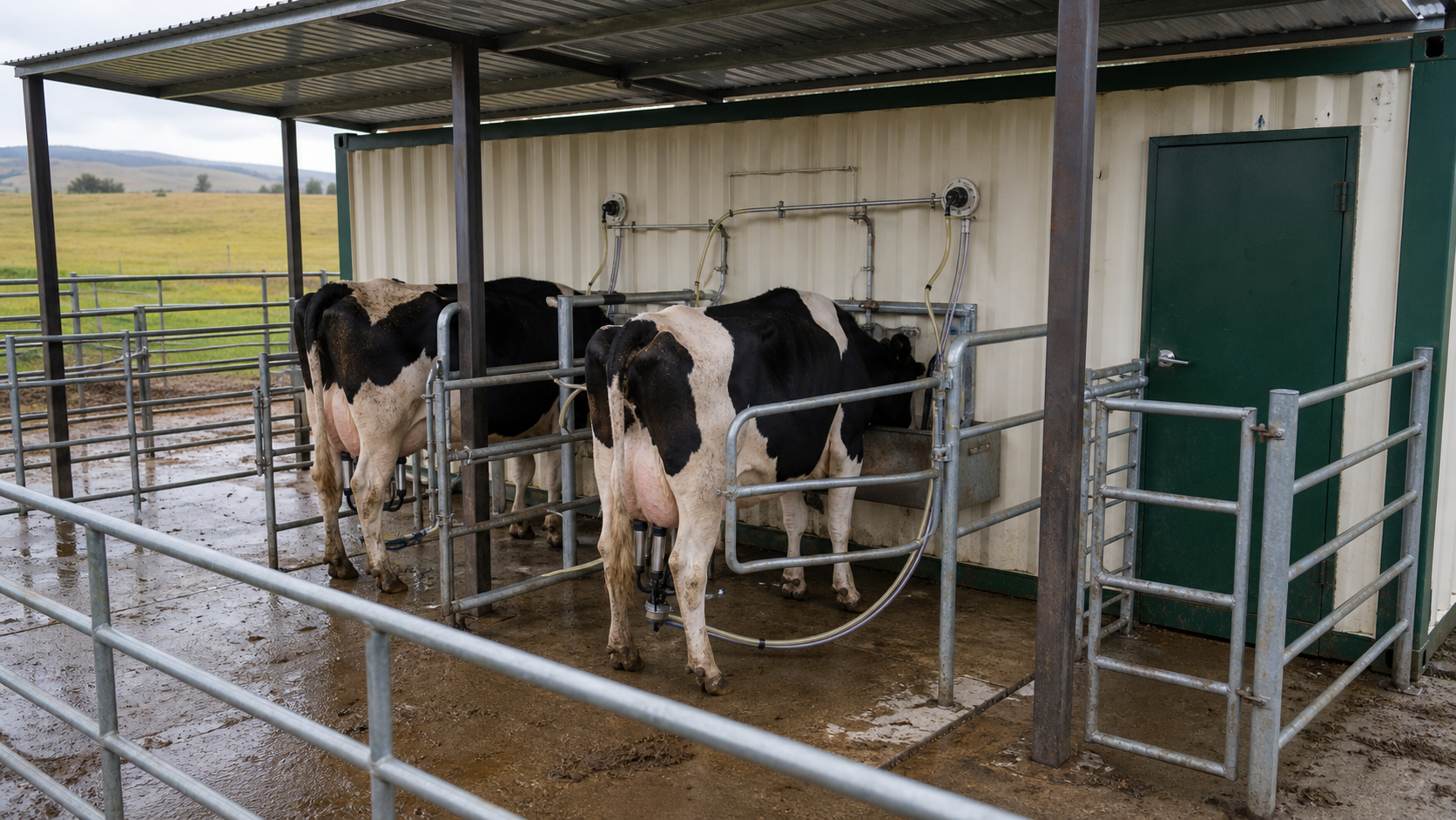 Two Holstein cows in enclosed head-in, back-out stalls with wall-side feed troughs and milking equipment connected to sanitary container-wall ports