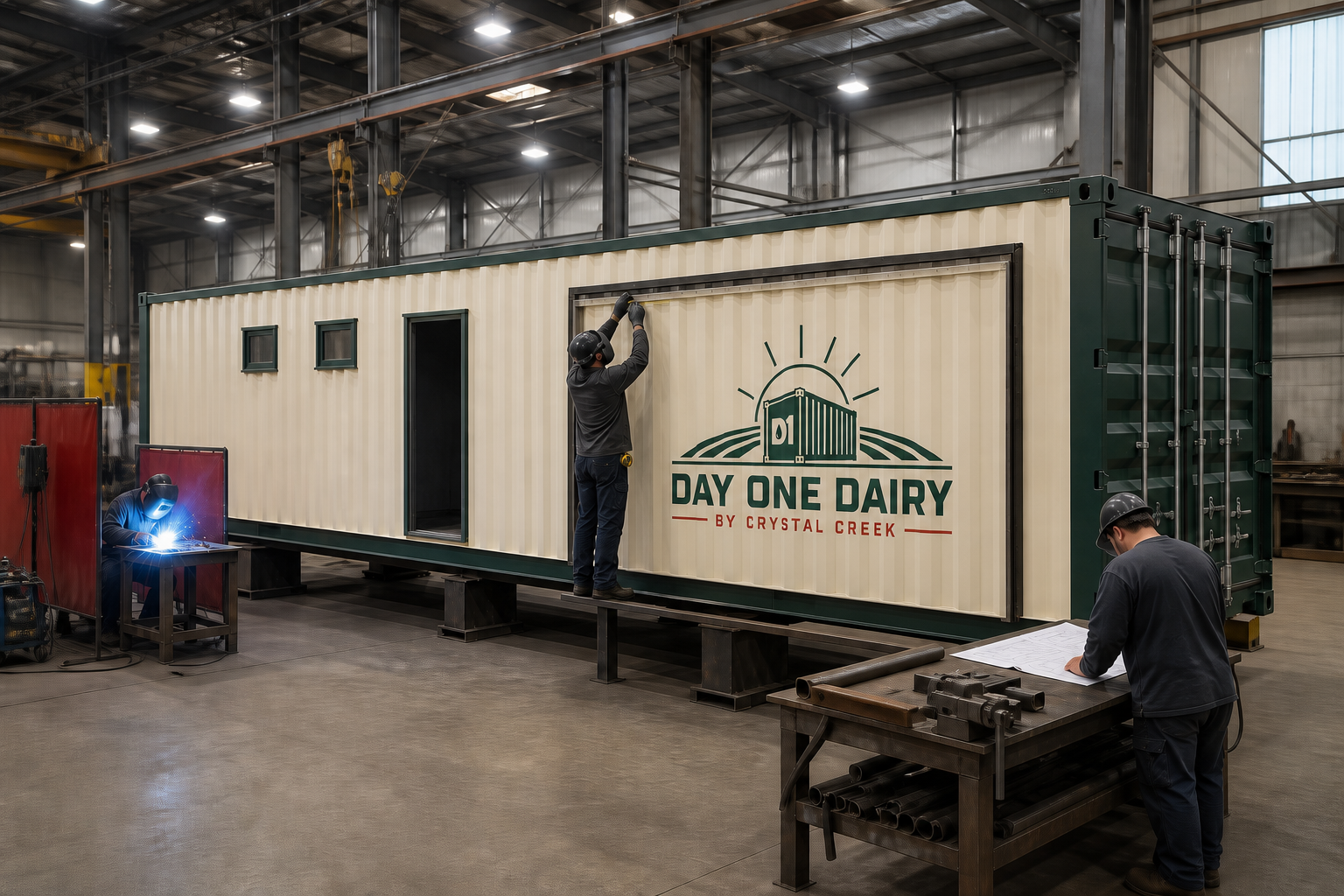 Structural fabrication of a Day One Dairy module in the Crystal Creek shop