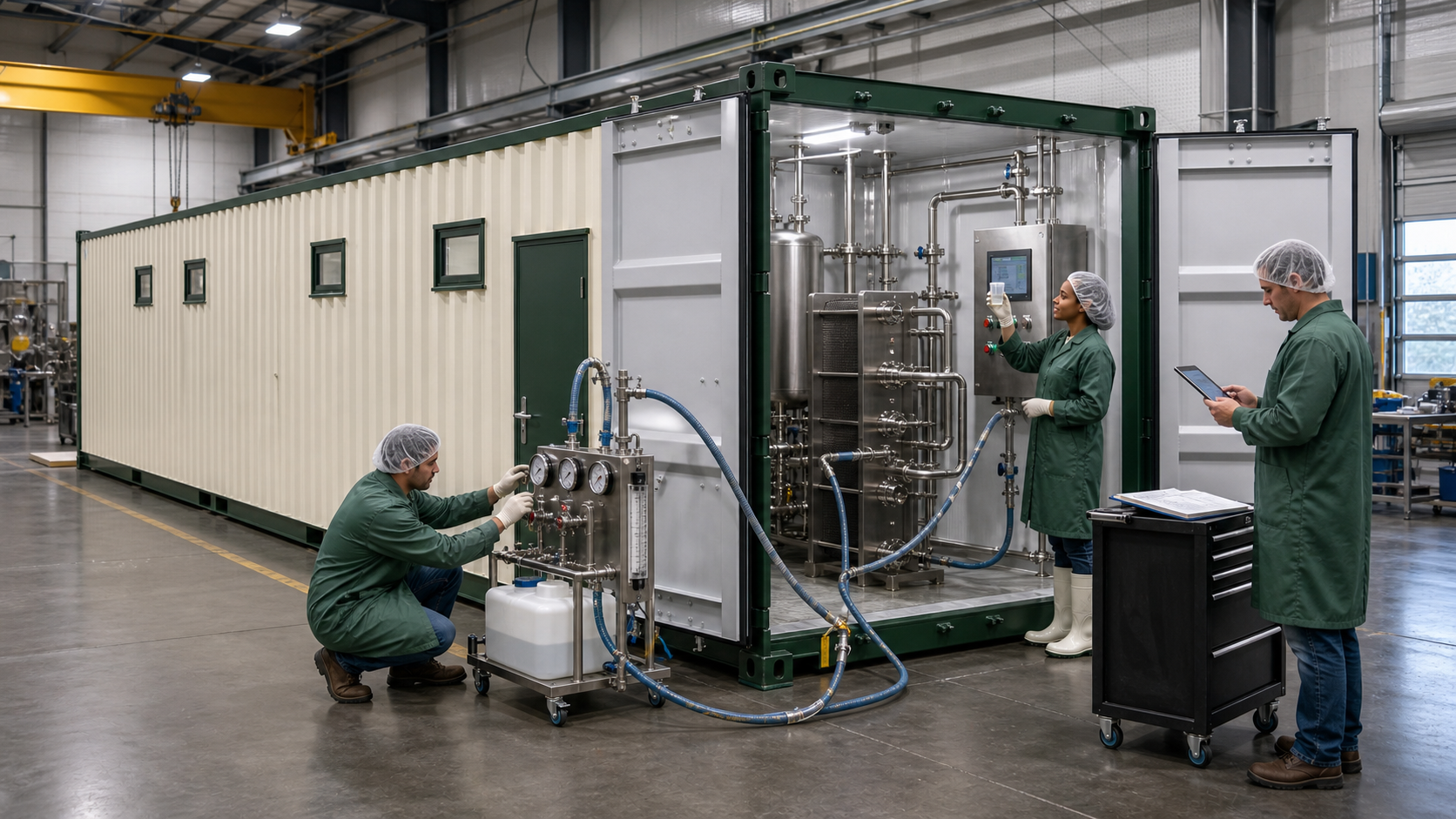 Crystal Creek technicians pressure-testing and checking a completed Day One Milk module before shipment