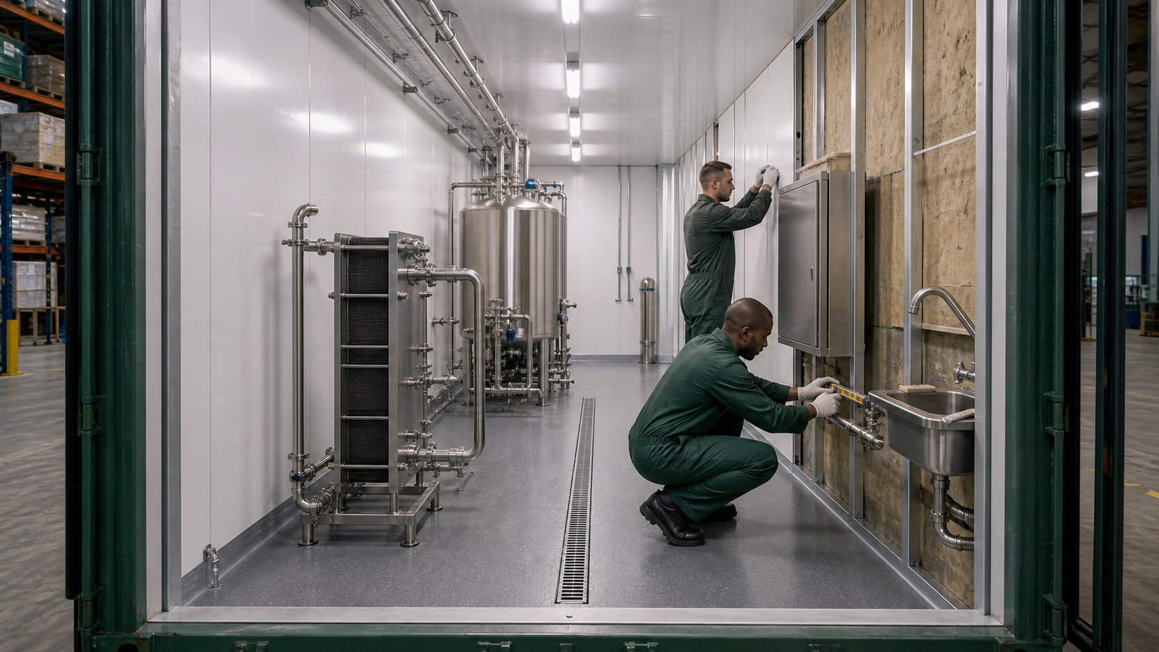 Technicians installing hygienic wall systems and sanitary equipment inside a Day One Milk module