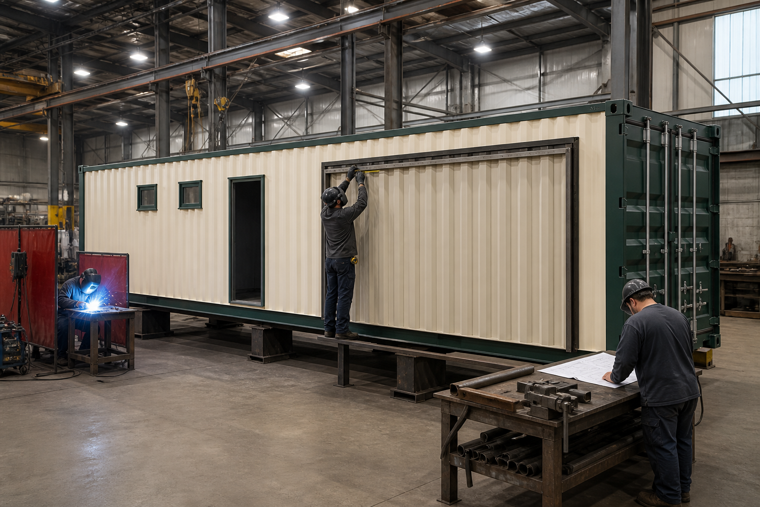 Technicians reinforcing a standard-height Day One Dairy container shell and trial-fitting its folding roof-wing frame