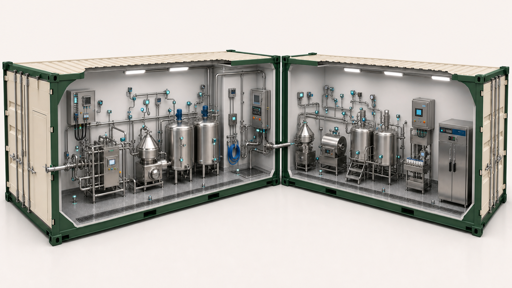 Cutaway of Day One Milk and Creamery with labelled milk intake, dairy process, PLC and HMI, connected sensors, industrial gateway, CIP, creamery process, refrigeration, power and water utilities