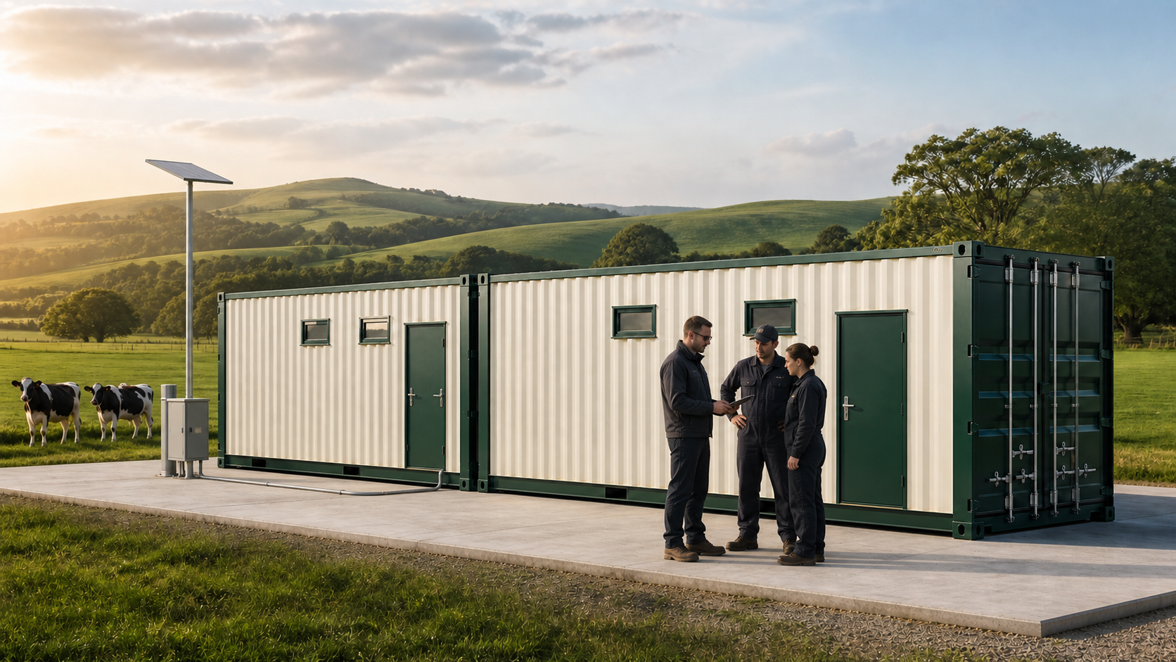 Two standard-height Day One Dairy modules at a prepared site with local operators, a Crystal Creek engineer, a pole-mounted satellite terminal and a protected communications cabinet