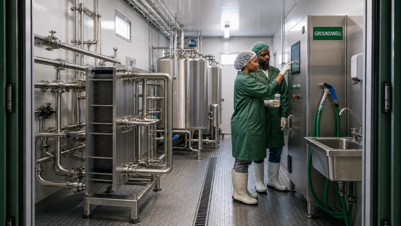 Operators working inside the Day One Milk production module