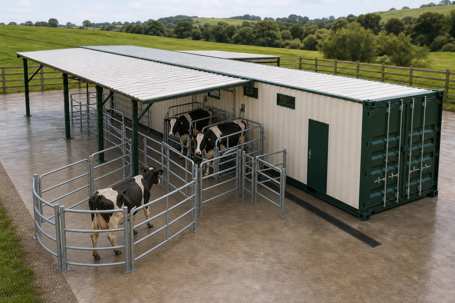 Standard-height Day One Milk module with two raised steel roof wings, two complete cows facing outward in separate exterior stalls, and a third cow entering through a continuous gated funnel race