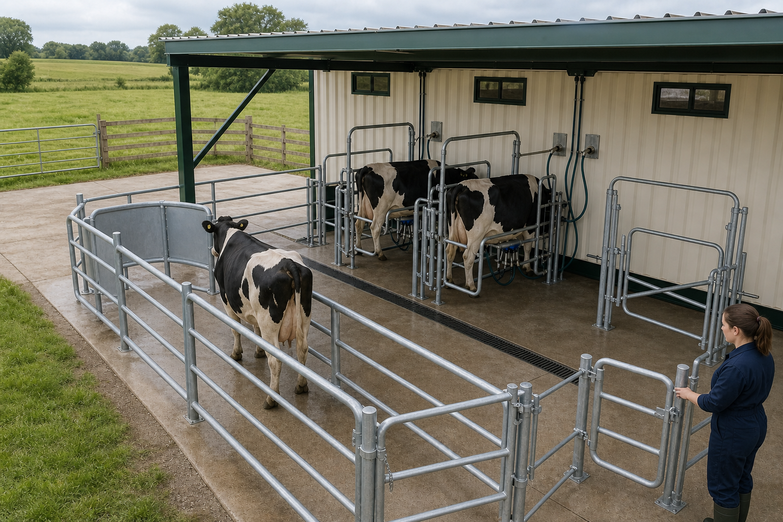 A third dairy cow walking through a gated single-file entry race toward an empty milking stall while two cows stand in occupied stalls beneath the Day One Milk roof wing
