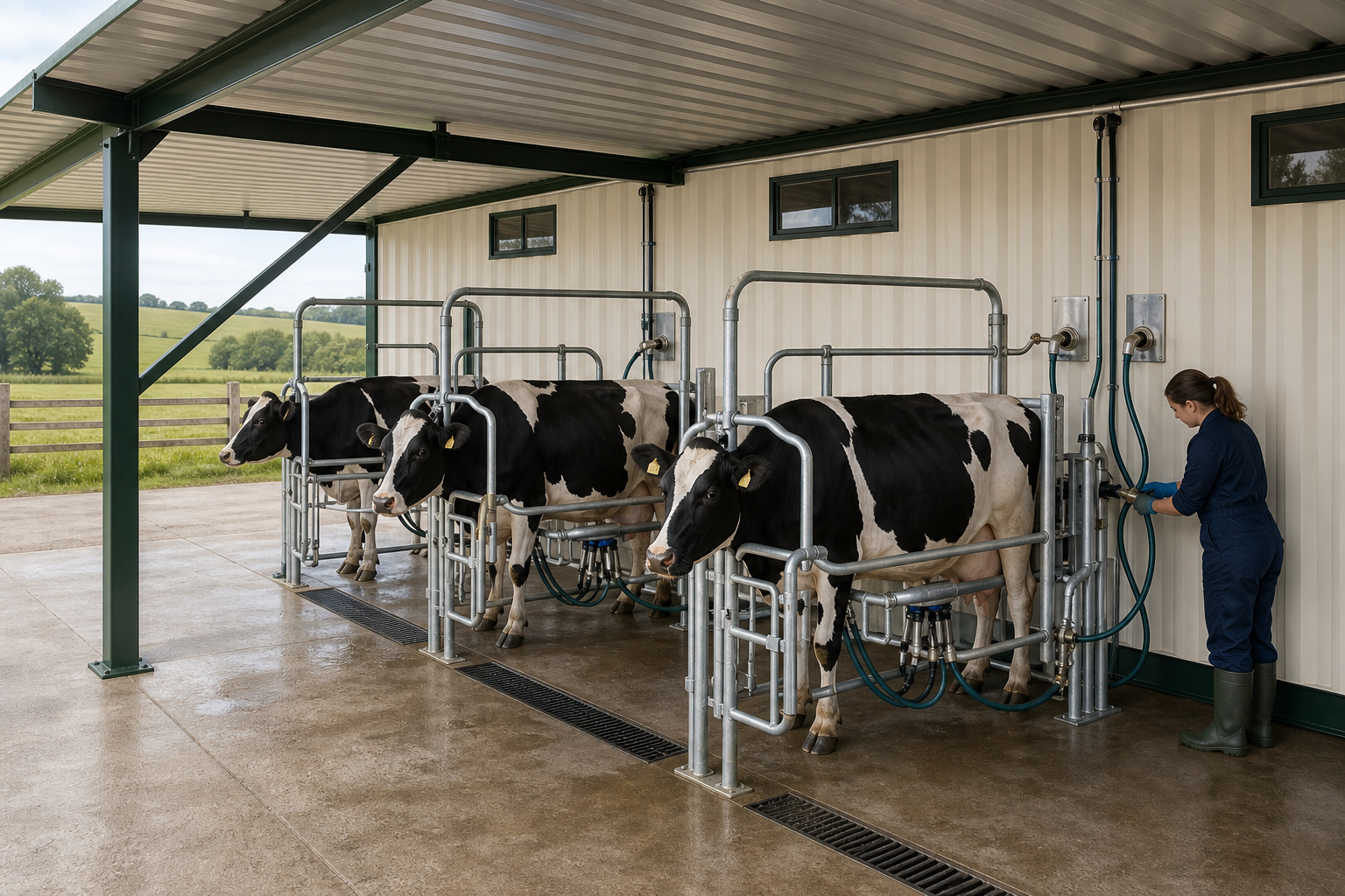 Three dairy cows standing in separate steel herringbone milking stalls beneath a deployed Day One Milk roof wing