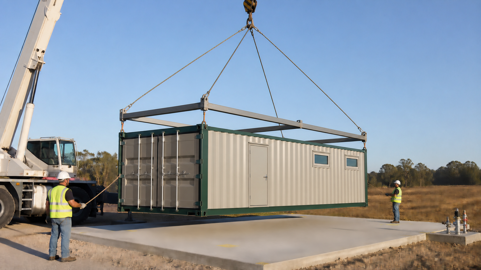 Standard-height 40-foot Day One Dairy production module being lowered level onto a prepared utility pad
