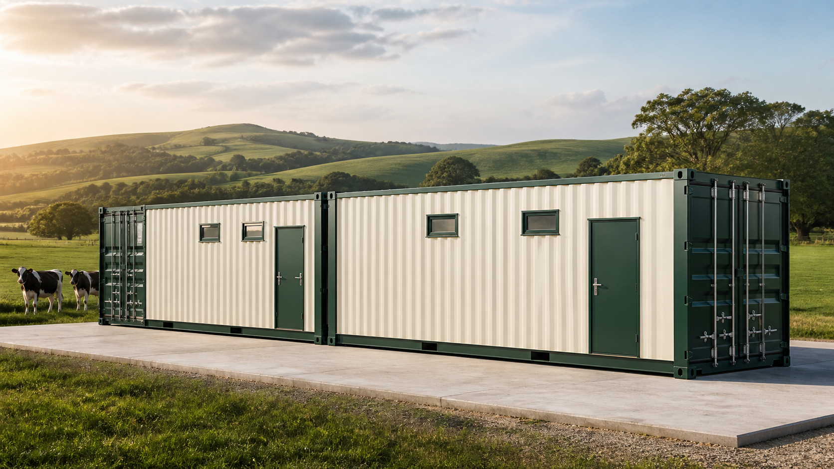 Two Day One Dairy production modules with small high-level windows on a prepared farm site