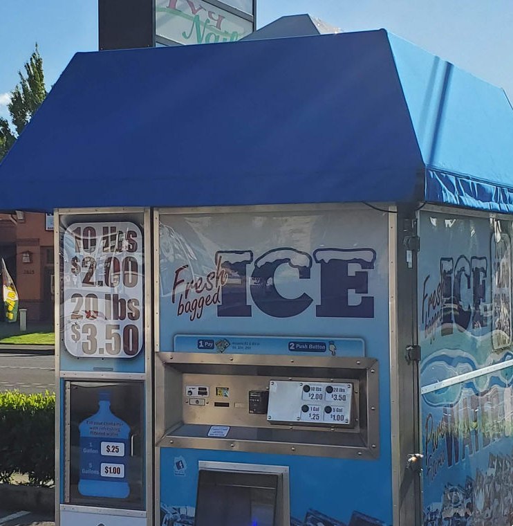 Crystal Creek fresh bagged ice and pure water vending station